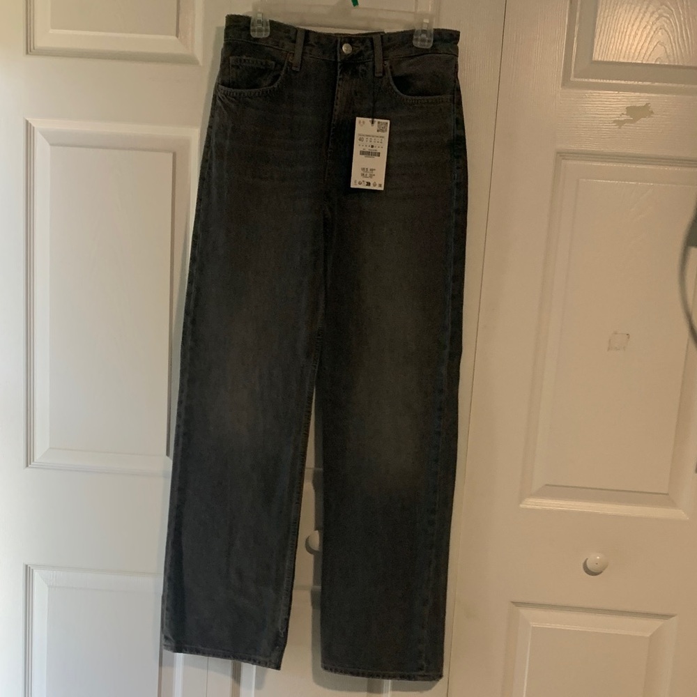 Zara Gray Straight Wide Leg Jeans